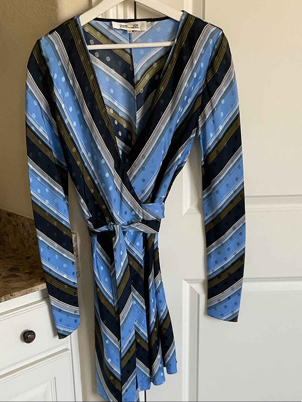 Diane Von Furstenberg Blue and Black Striped Wrap Dress